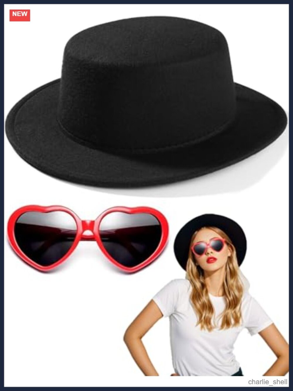 Black Fedora Hat Red Heart Sunglasses Set Wide Brim Costume Accessory